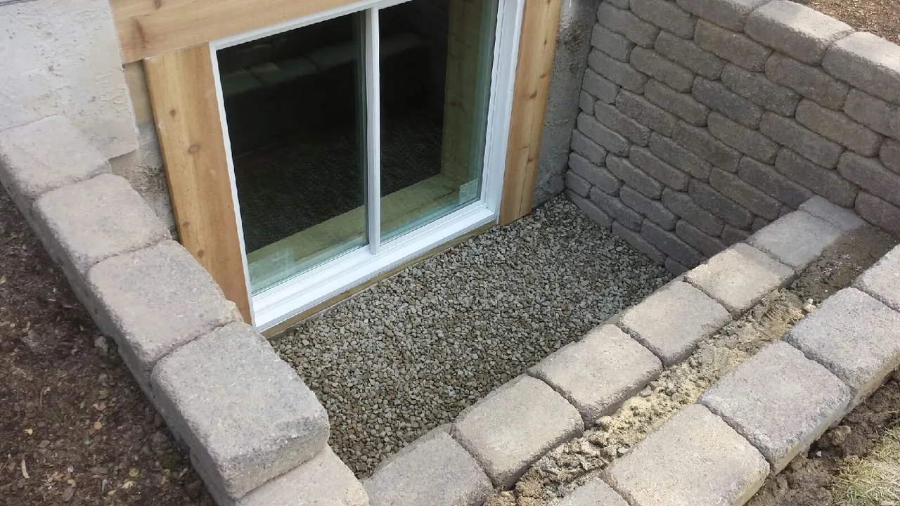Custom retaining wall stone egress widow well freshly installed