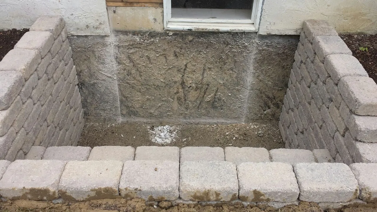 Custom retaining wall stone egress window well, mid-project